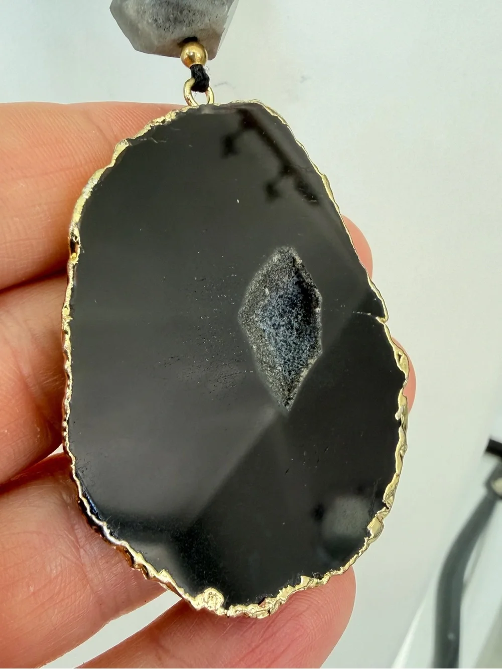 28” gold tone necklace w/ slab/druzy pendant, larvakite, and mermaid glass!